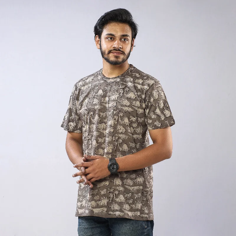 Brown - Bindaas Block Art Printed Cotton Round Neck T-shirt