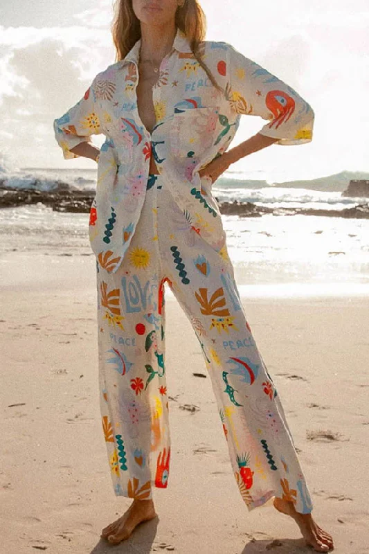 abstract-sea-creature-print-button-pockets-elastic-waist-pant-suit