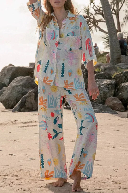 abstract-sea-creature-print-button-pockets-elastic-waist-pant-suit