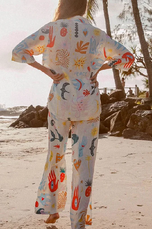 abstract-sea-creature-print-button-pockets-elastic-waist-pant-suit