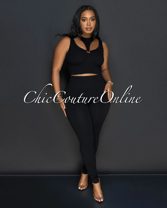 Alera Black Cut Out Crop Top & Leggings Ribbed Sculpting Set