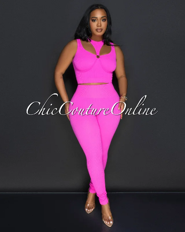 Alera Fuchsia Cut Out Crop Top & Leggings Ribbed Sculpting Set