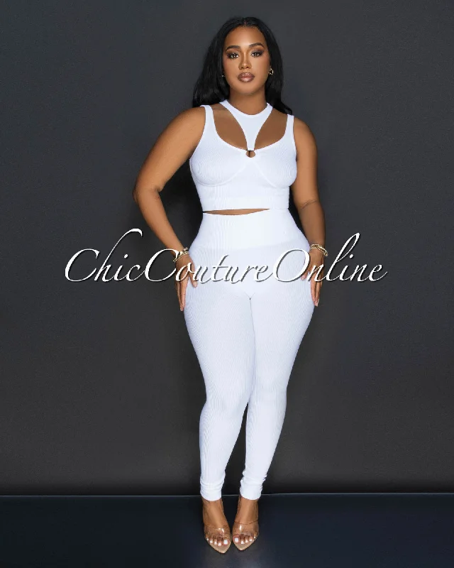 Alera White Cut Out Crop Top & Leggings Ribbed Sculpting Set