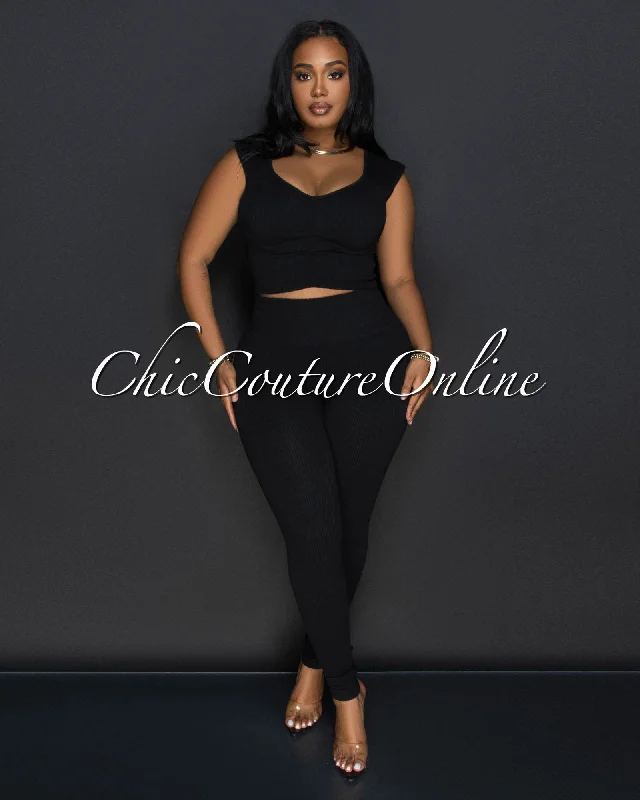 Benice Black Crop Top & Leggings Ribbed Sculpting Set