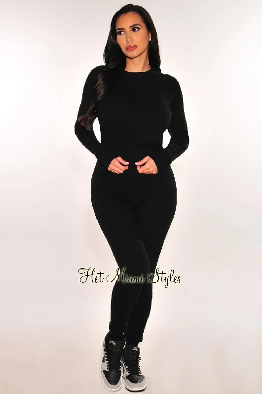 Black Cable Knit Round Neck Long Sleeve Pants Two Piece Set