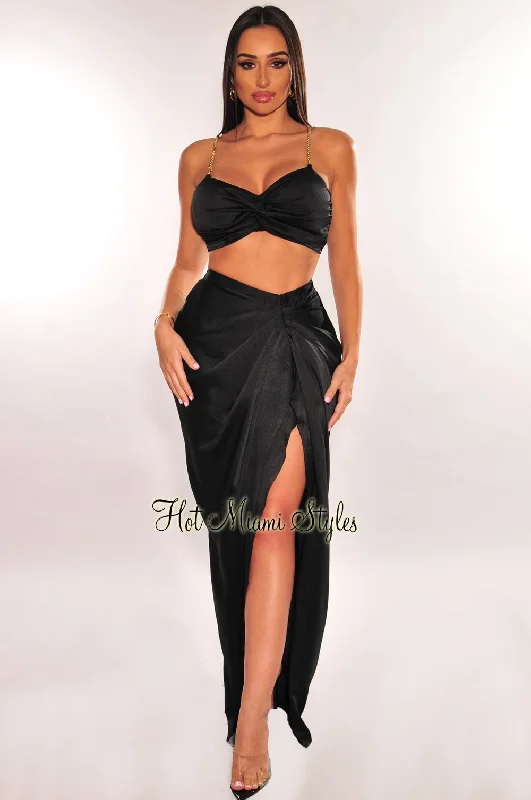 Black Gold Chain Padded Knotted Slit Skirt Two Piece Set