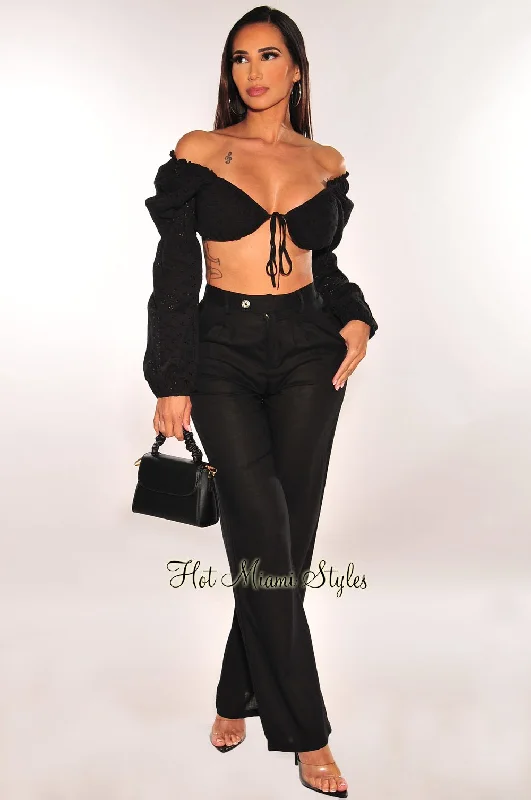 Black Peasant Tie Up Long Sleeve High Waist Palazzo Pant Two Piece Set