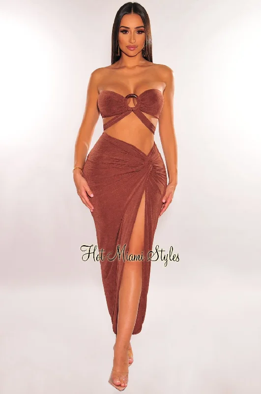 Chocolate Strapless O-Ring Wrap Around Knotted Slit Skirt Two Piece Set