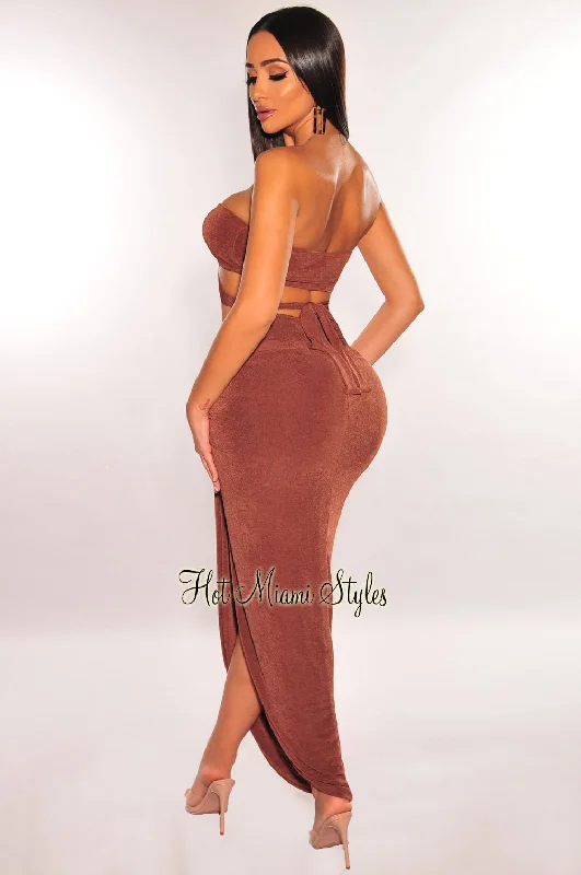 chocolate-strapless-o-ring-wrap-around-knotted-slit-skirt-two-piece-set