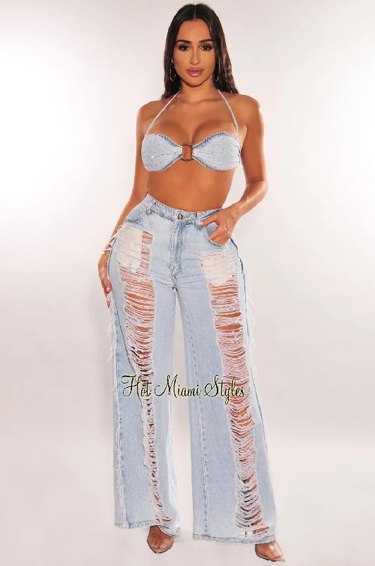 Light Denim Wash Halter Rhinestone Padded Destroyed Jeans Two Piece Set