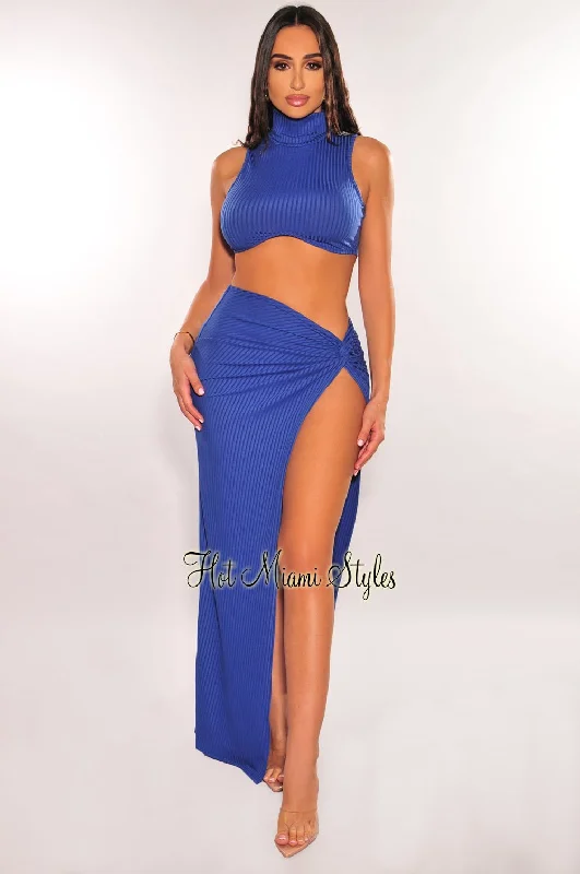 Deep Blue Ribbed Turtleneck Sleeveless Knotted Slit Skirt Two Piece Set