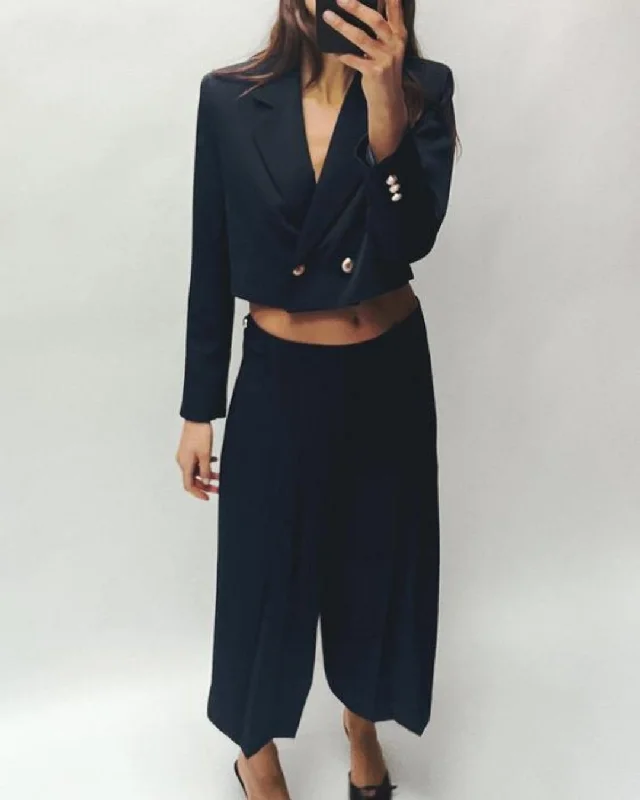 Double-Breasted Front Buttoned Blazer & Pleated Elegant Style Culottes In Black