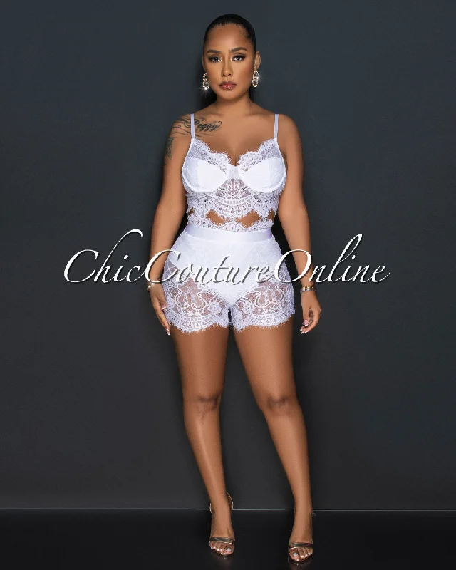 Essien White Lace Bustier & Shorts Set