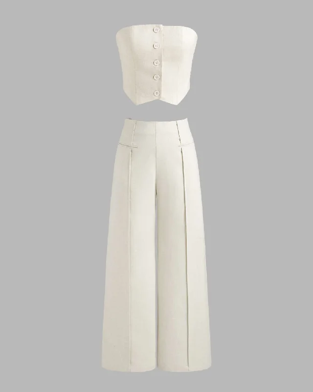 Front Buttoned Short Tube Top & Mid Rise Pocket Pants In Off White