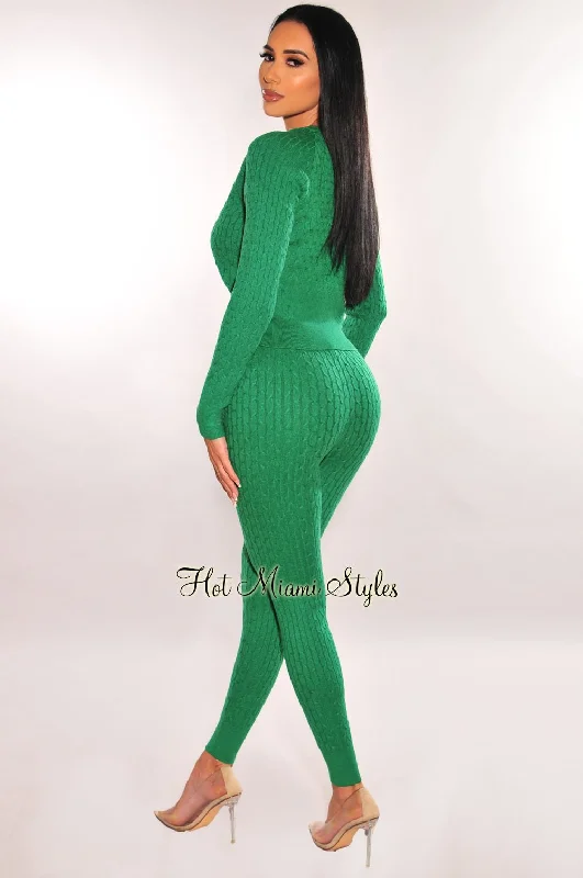 green-cable-knit-round-neck-long-sleeve-pants-two-piece-set