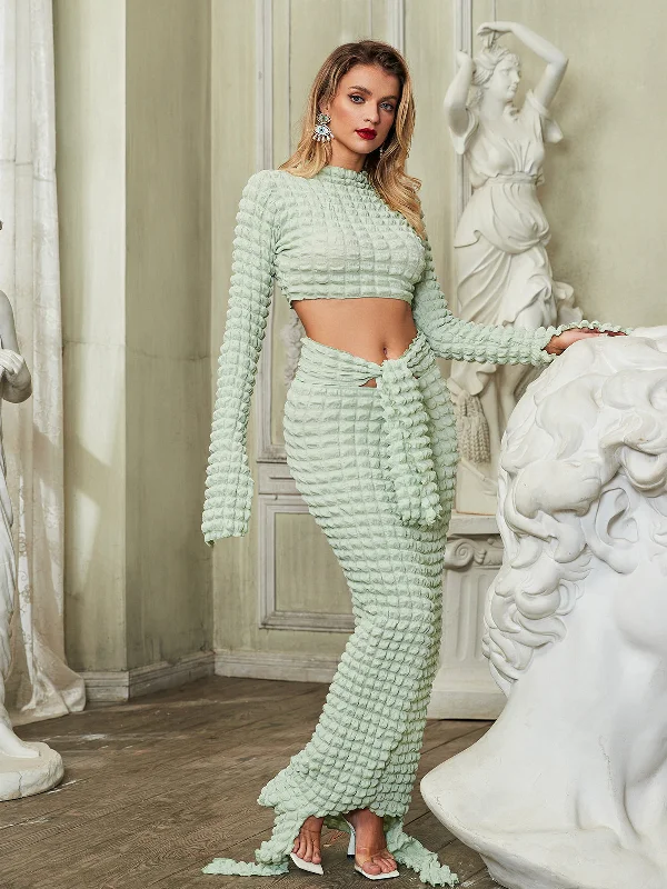 Houda Long Sleeve Seersucker Skirt Set In Mint