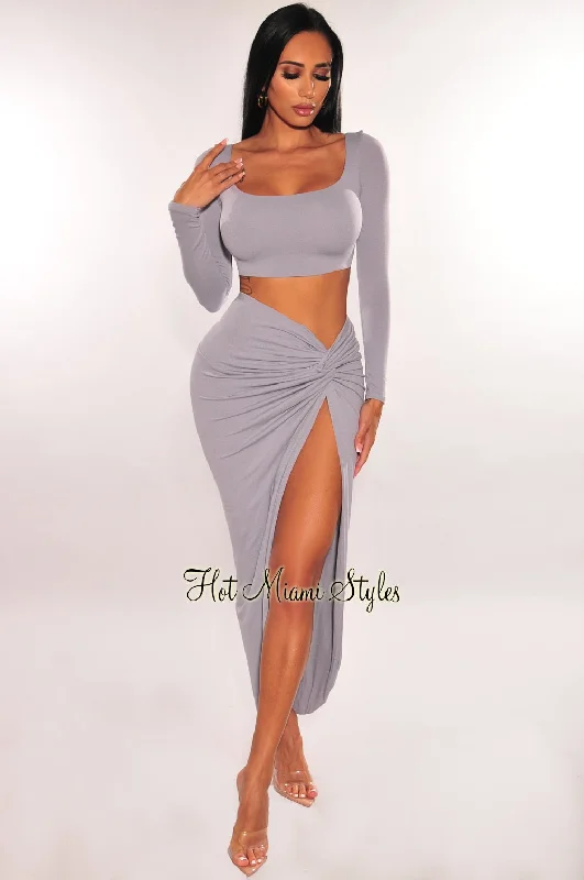 Icy Long Sleeves Knotted Slit Skirt Two Piece Set