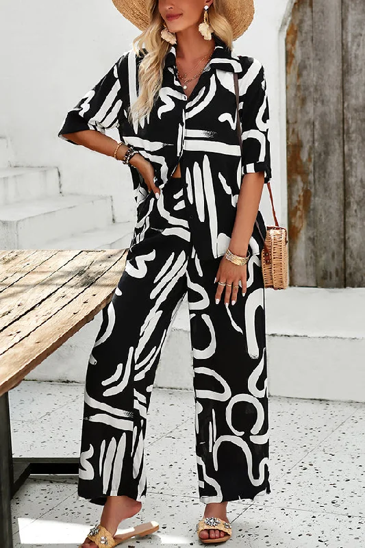 irregular-printed-button-pocket-long-sleeved-shirt-and-elastic-waist-pants-set