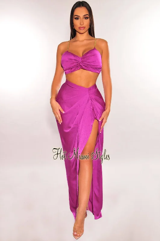 Magenta Gold Chain Padded Knotted Slit Skirt Two Piece Set