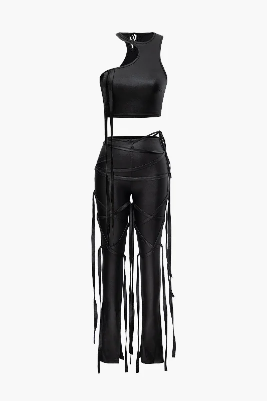 Faux Leather One Shoulder Tank Top And Fringe Skinny Pants Set