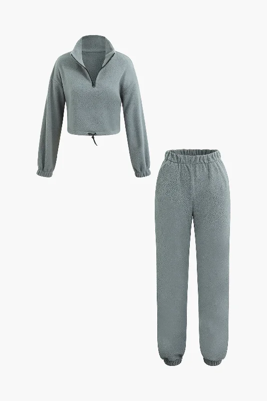 Stand Collar Zip Up Drawstring Sweatshirt And High Waist Pants Set