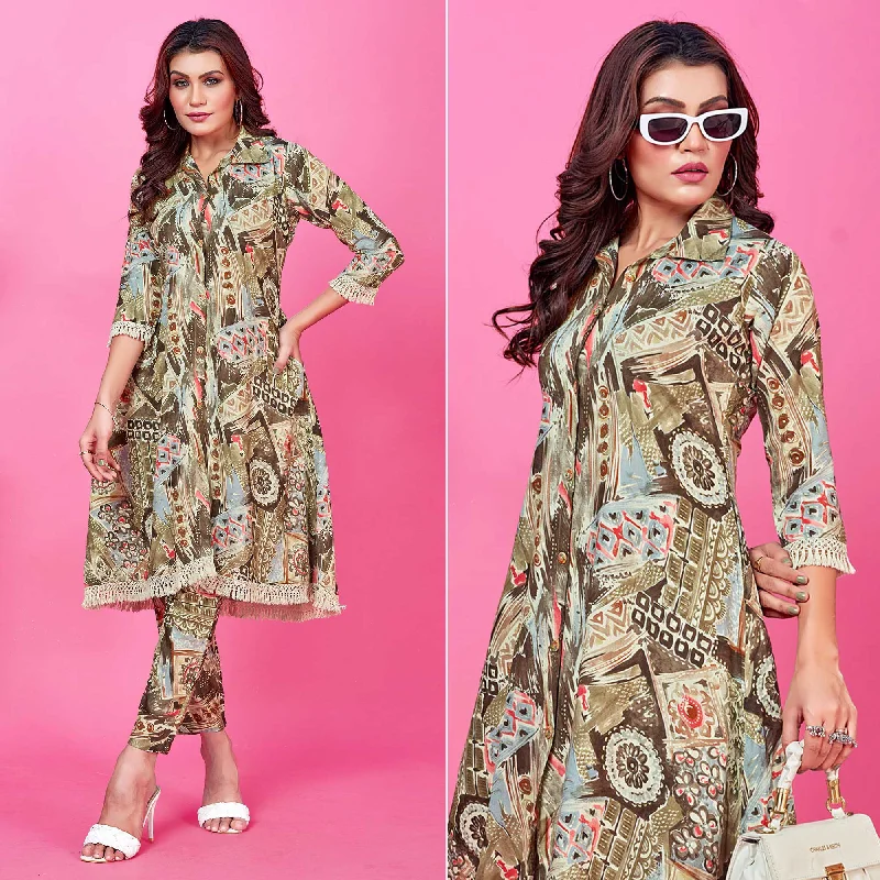 Mehandi Green Floral Foil Printed Rayon Co-Ord Set