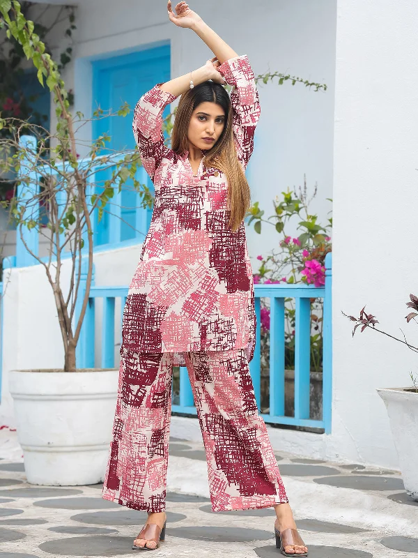 Odette Pink Cotton Printed Stitched Co Ord Set for Women