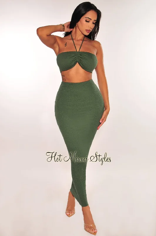 Olive Green Smocked Halter Ruched High Waist Skirt Two Piece Set