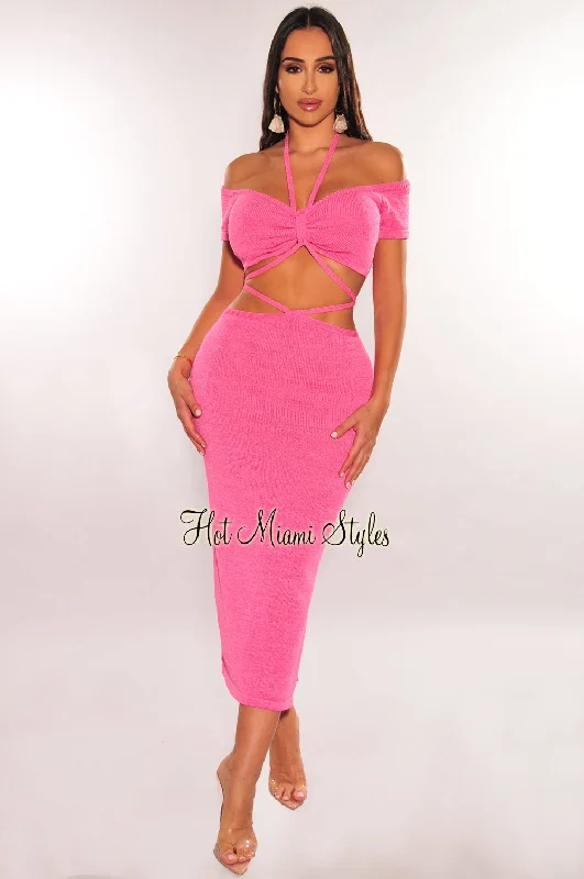 Pink Ribbed Knit Halter Off Shoulder Wrap Around Slit Skirt Two Piece Set