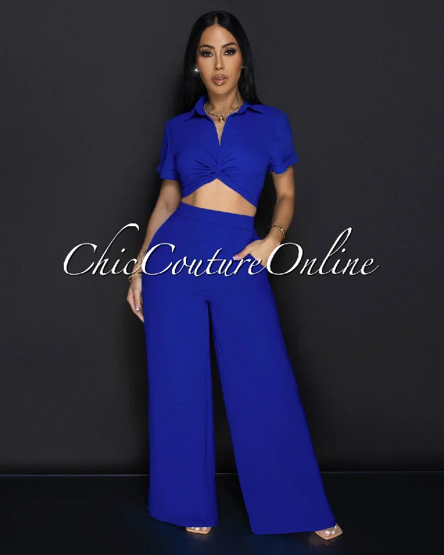 Poa Deep Royal-Blue Collared Two-Piece Pants Set