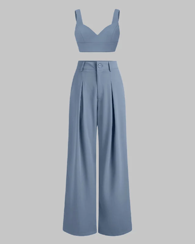 Premium Quality Set Of Two Cropped Top With Korean Style Baggy Trouser In Blue