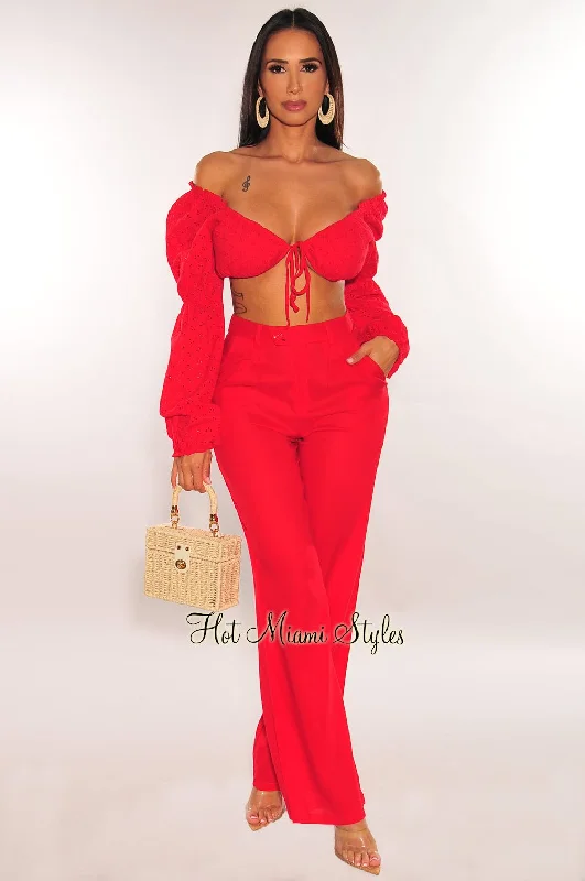 Red Peasant Tie Up Long Sleeve High Waist Palazzo Pant Two Piece Set