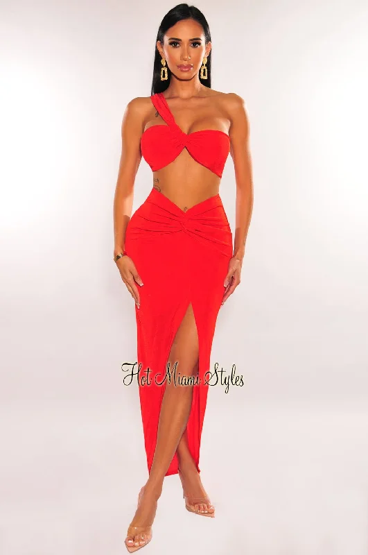 Red Ribbed One Shoulder Slit Knotted Skirt Two Piece Set