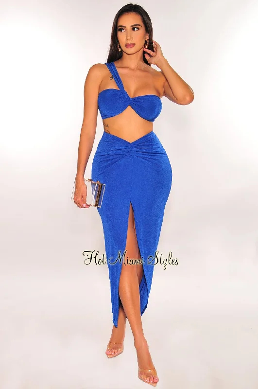 Royal Blue Ribbed One Shoulder Slit Knotted Skirt Two Piece Set