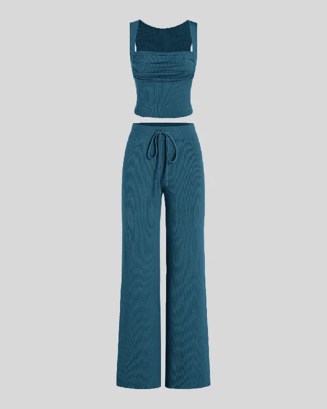 Set Of Two Ruched Square Neck Crop Top With Trouser In Teal Blue