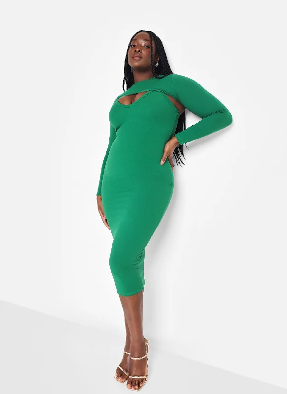 Sia Crepe Long Sleeve Overlay & Strappy Midi Bodycon Dress