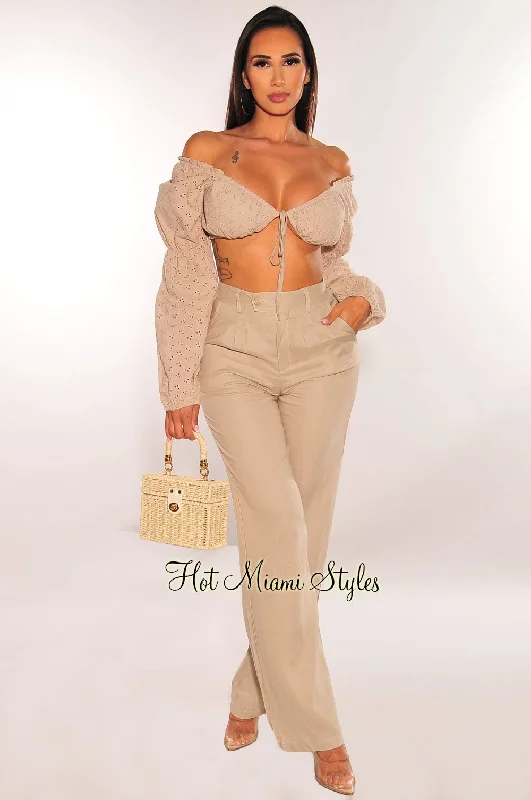 Taupe Peasant Tie Up Long Sleeve High Waist Palazzo Pant Two Piece Set