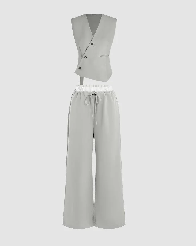 V-neck Sleeveless Waistcoat & High Waist Straight Leg Loose Pants