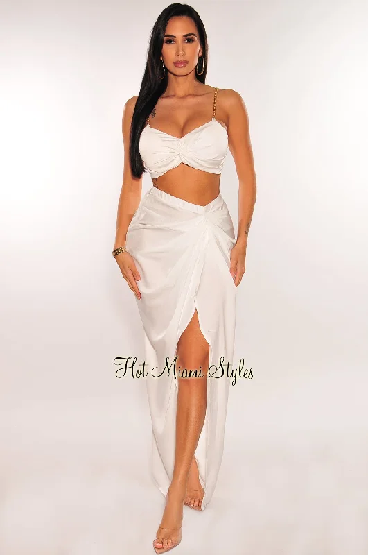 White Gold Chain Padded Knotted Slit Skirt Two Piece Set