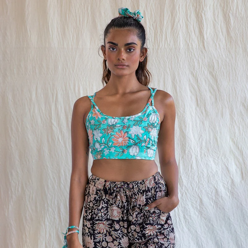 Pure Cotton Sports Bra | Dual Strap | Hand Block Print | Turquoise