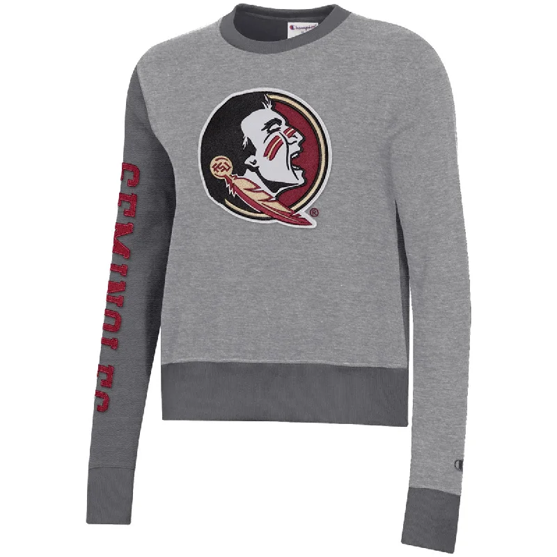 Champion Women's Seminole Logo Colorblock Crew Fleece- Grey