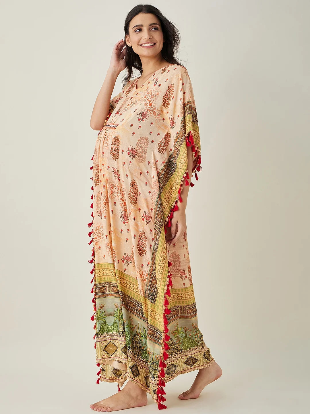 Beige Ornate Paisley Nursing  Kaftan