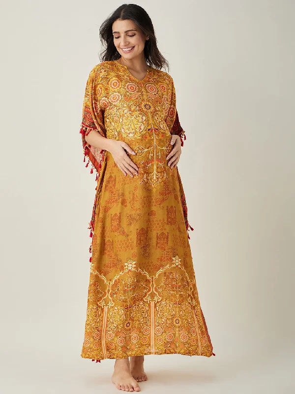 Mustard Intricate Floral Printed  Maternity Kaftan