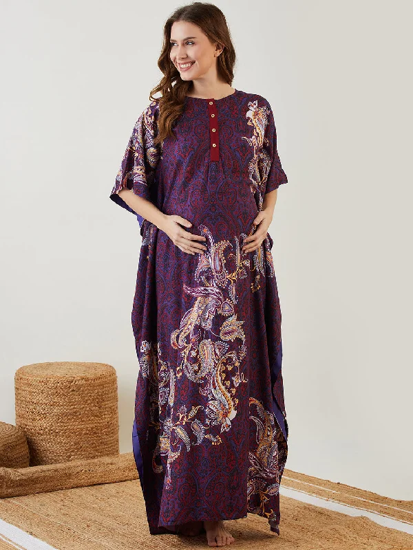 Blue Printed Paisley Maternity and Nursing Kaftan