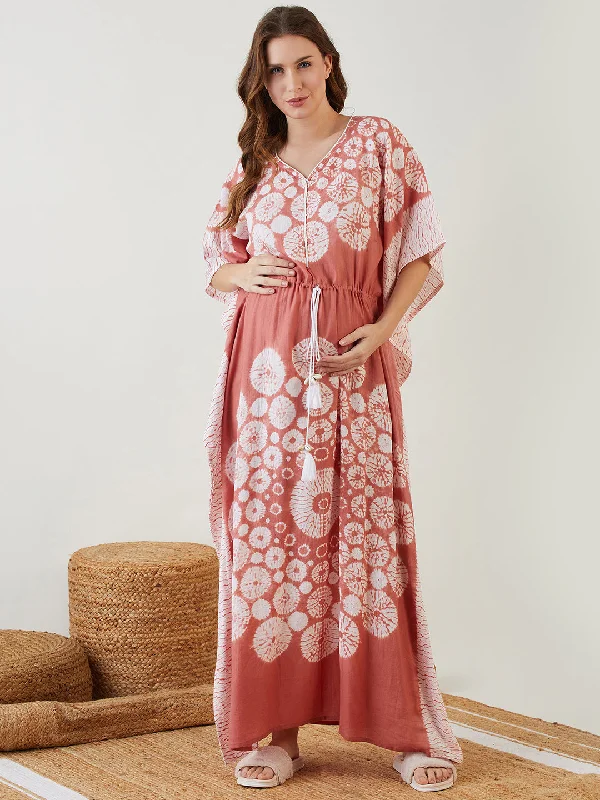 Brown Shibori Tie-Dye Maternity and Nursing Kaftan