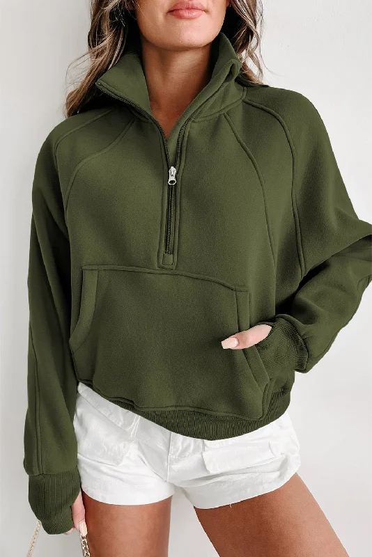 Green Zip Up Women Sweatshirt