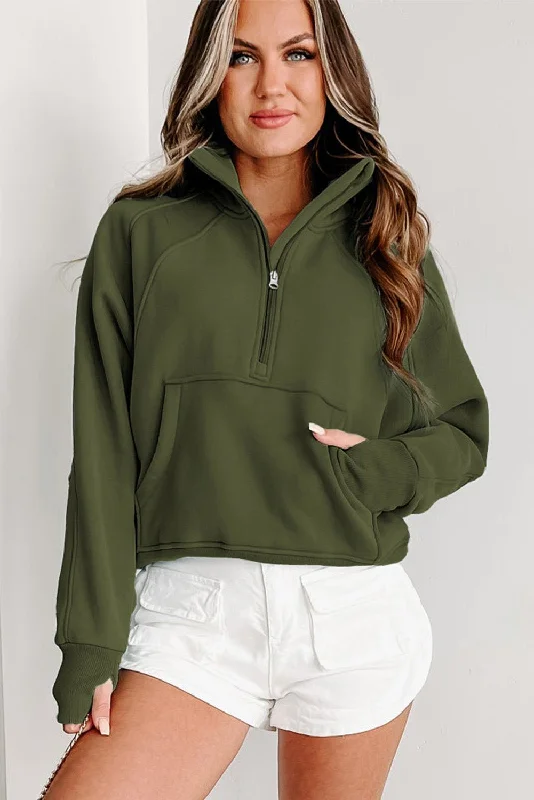 Green Zip Up Women Sweatshirt