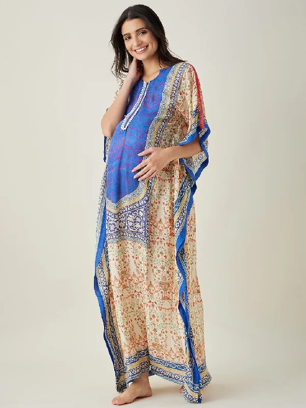 Regal Blue Mughal- Inspired Nursing Kaftan with Intricate Prints