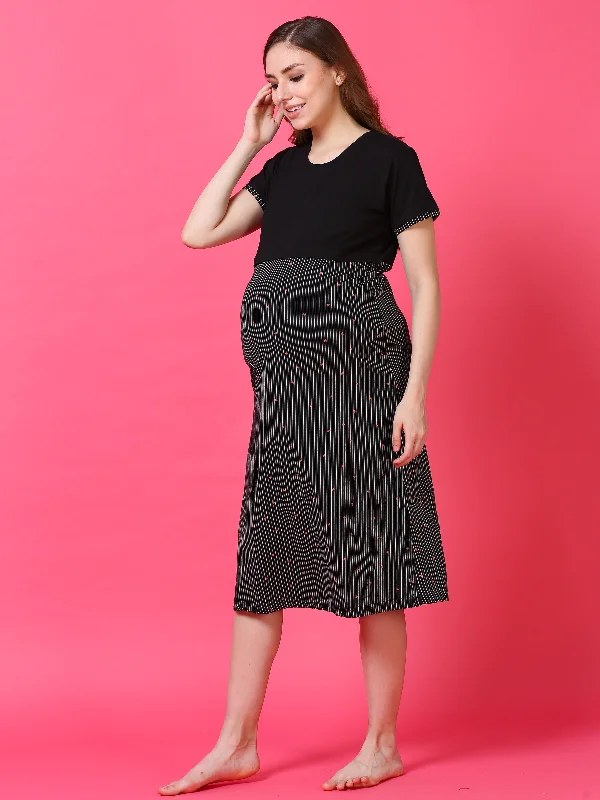 Hosiery Cotton Maternity Nighty Black Stripes