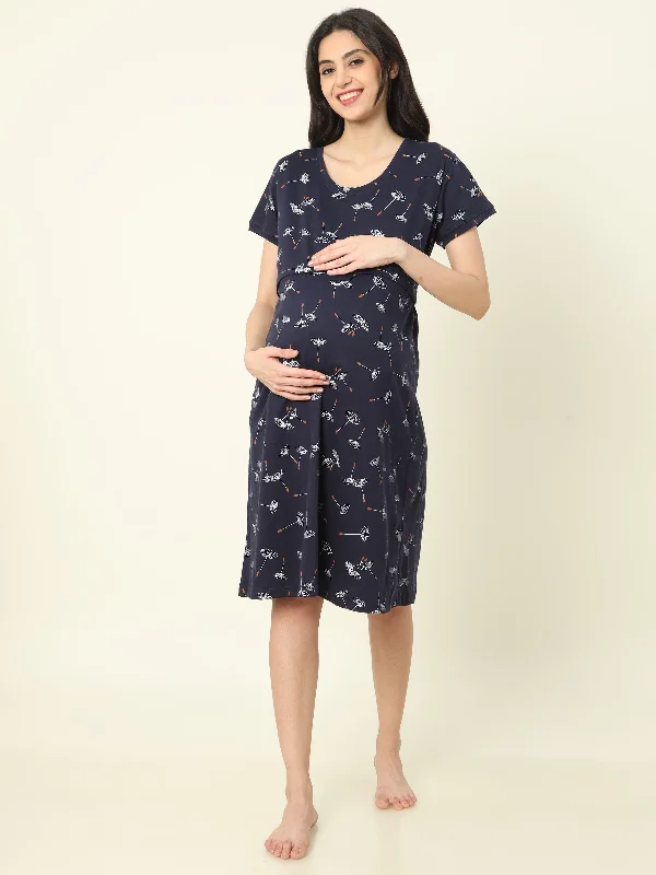 Hosiery Cotton Maternity Nighty | Dark Blue